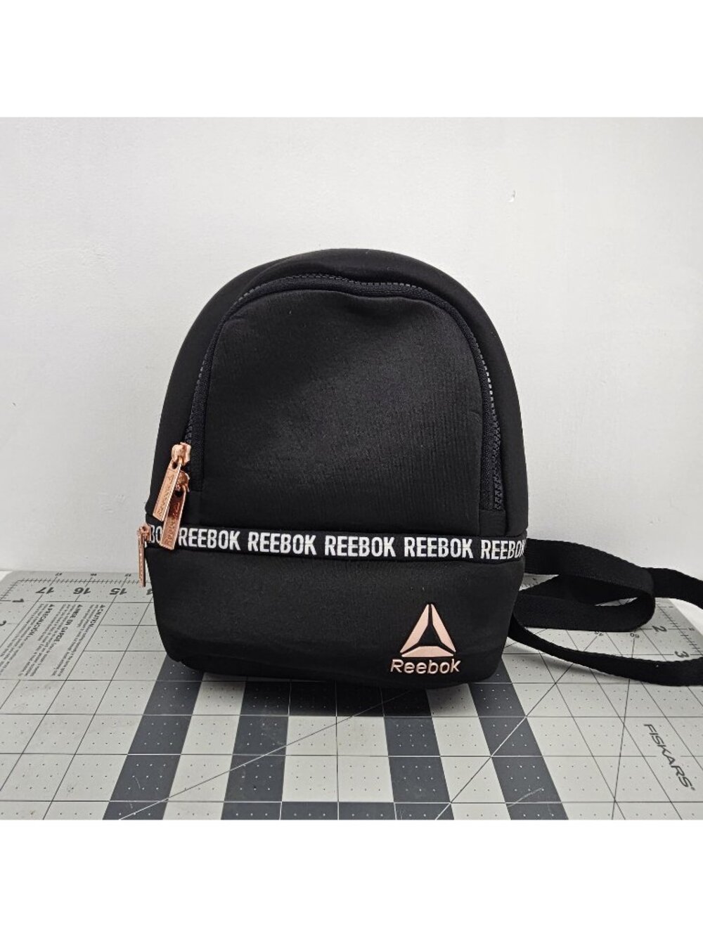 Reebok Mini Backpack Black Logo Band Rose Gold Zipper Small Bookbag Women's